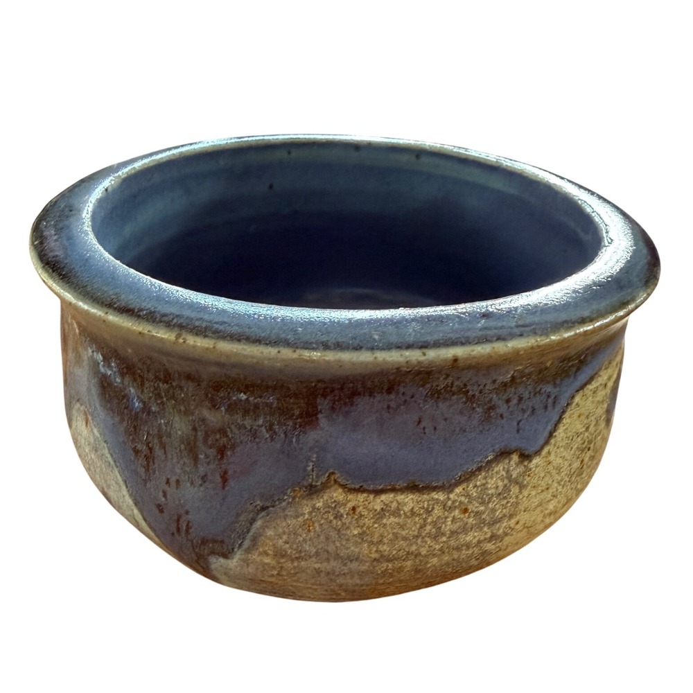 Vintage Studio Pottery Handcrafted Stoneware Bowl Blue Drip Glaze Signed Artisan